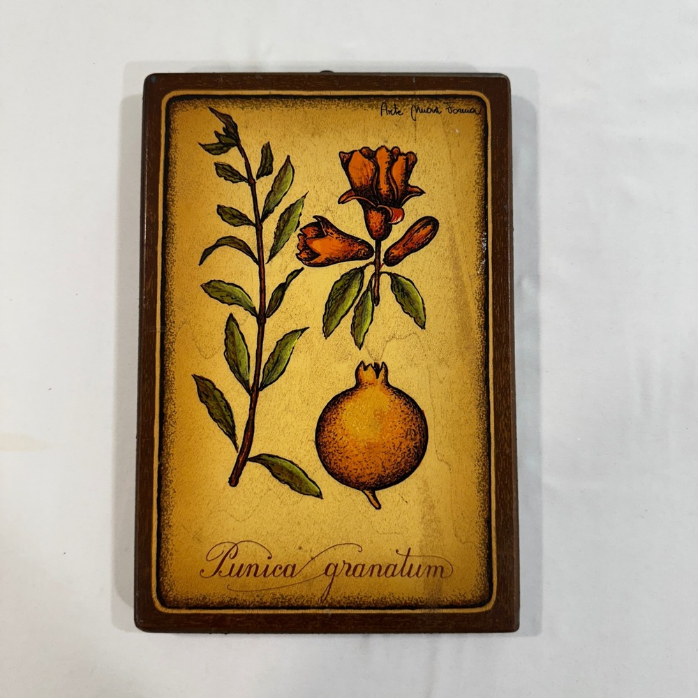 Arte Nuova Forma Italy Hand Painted Wood Plaque Pomegranate Botanical Wall Art